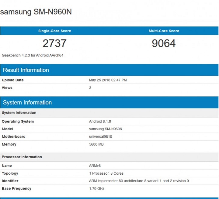 Samsung Galaxy Note 9 chạy chip Exynos 9810 lộ điểm benchmark
